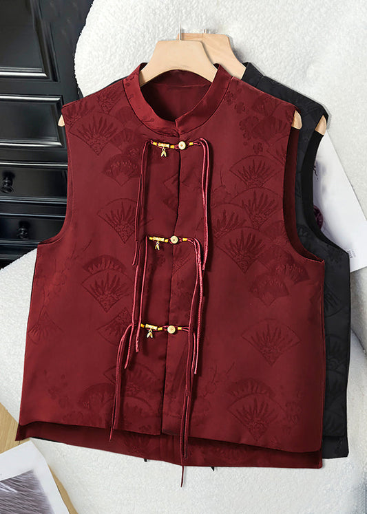 New Wine Red Stand Collar Chinese Button Silk Waistcoat Sleeveless