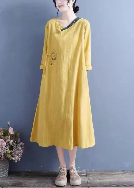 New Yellow Embroidered Chinese Button Cotton Dresses Spring