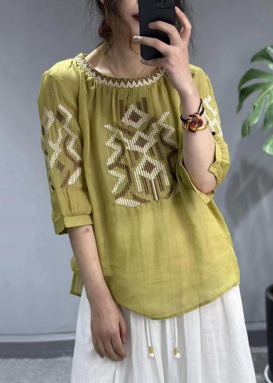 New Yellow O-Neck Embroidered Patchwork Cotton T Shirt Half Sleeve