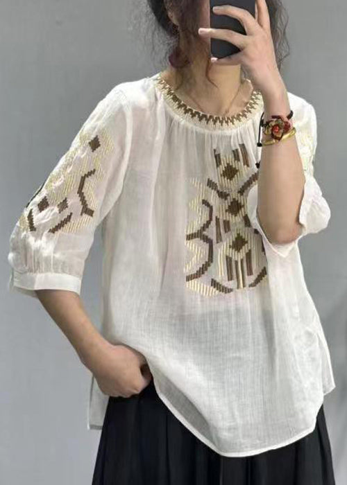 New Yellow O-Neck Embroidered Patchwork Cotton T Shirt Half Sleeve