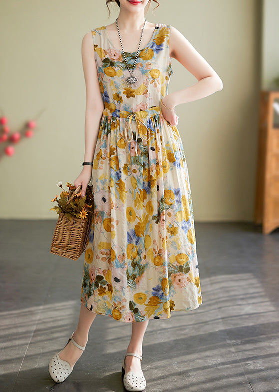 New Yellow O Neck Lace Up Print Cotton Long Dress Sleeveless