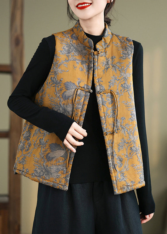 New Yellow Print Chinese Button Cotton Filled Waistcoat Winter