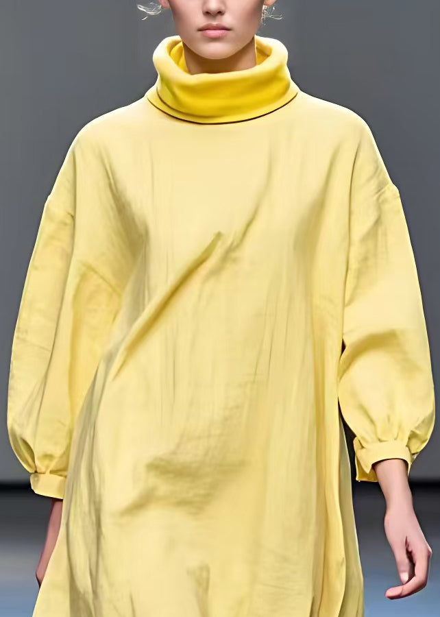 New Yellow Turtleneck Solid Patchwork Cotton Dress Fall