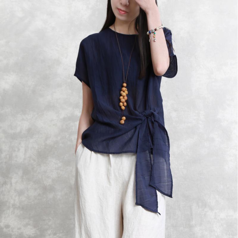 New blue  natural linen t shirt plus size holiday tops Elegant tie waist o neck linen cotton tops