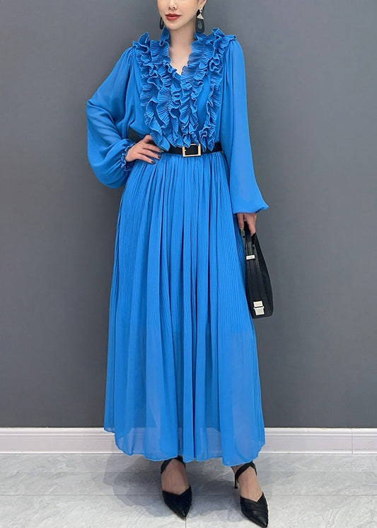 Novelty Blue Ruffled Solid Chiffon Long Dress Long Sleeve