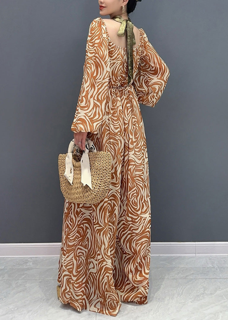 Novelty Coffee Print Wrinkled Chiffon Jumpsuit Long Sleeve