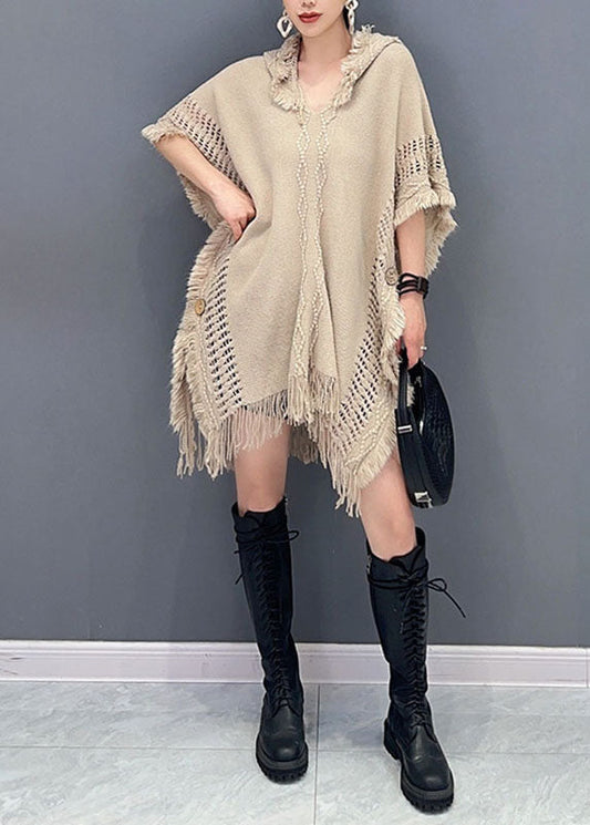 Novelty Khaki Asymmetrical Tassel Hooded Knit Sweaters Fall