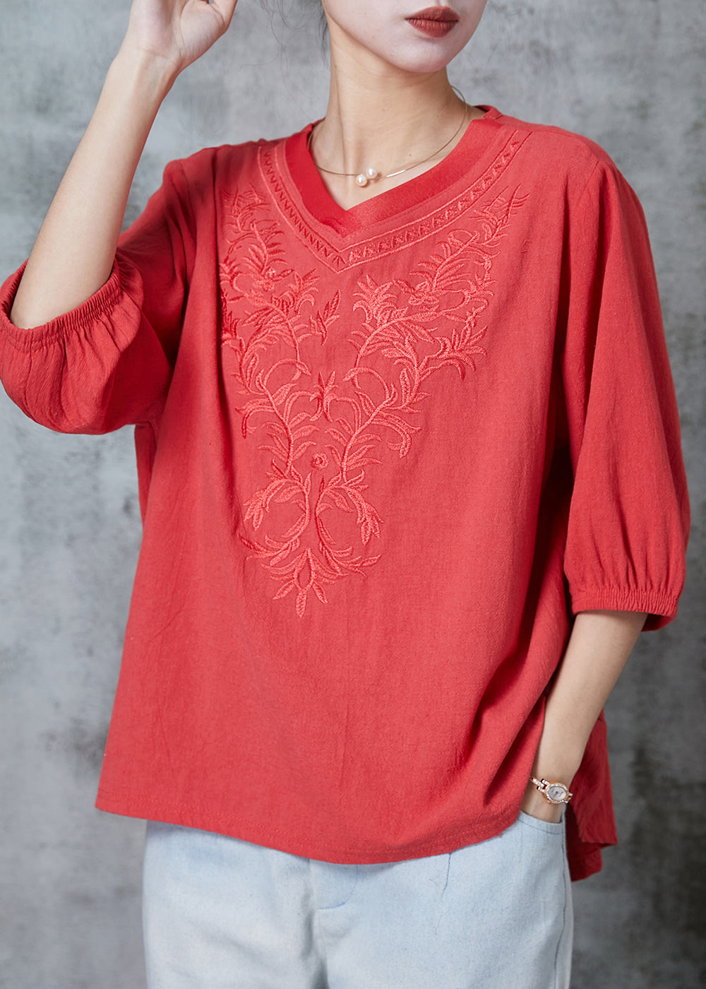 Orange Cotton Shirt Tops V Neck Embroidered Half Sleeve