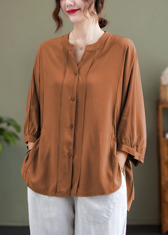 Orange Cotton Shirts Cinched Low High Design Batwing Sleeve