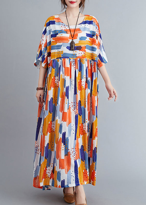 Orange Patchwork Wrinkled Maxi Dress Half Sleeve