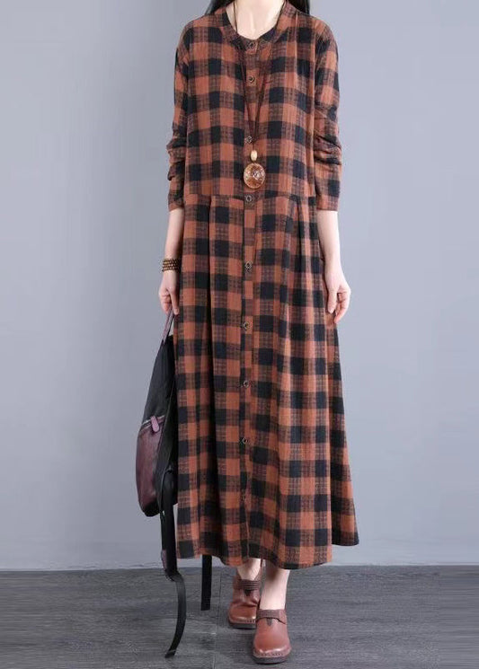 Orange Plaid Patchwork Cotton Dress Stand Collar Pockets Fall