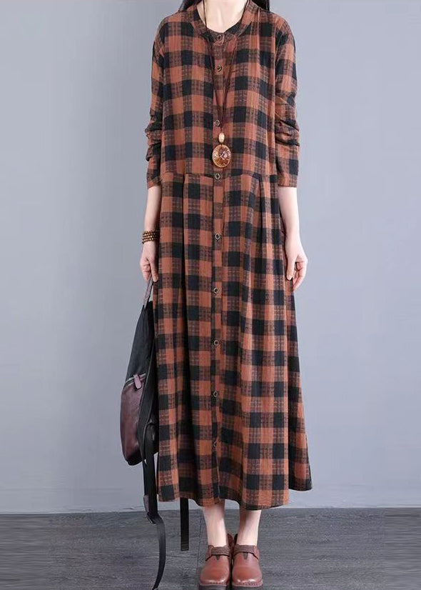 Orange Plaid Patchwork Cotton Dress Stand Collar Pockets Fall