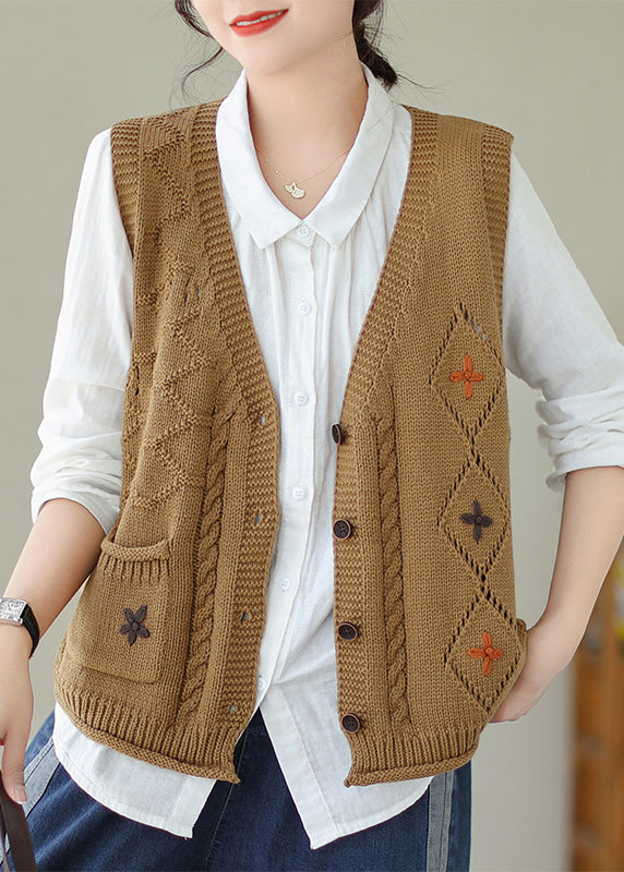 Orange Pockets Knit Vest V Neck Embroideried Fall