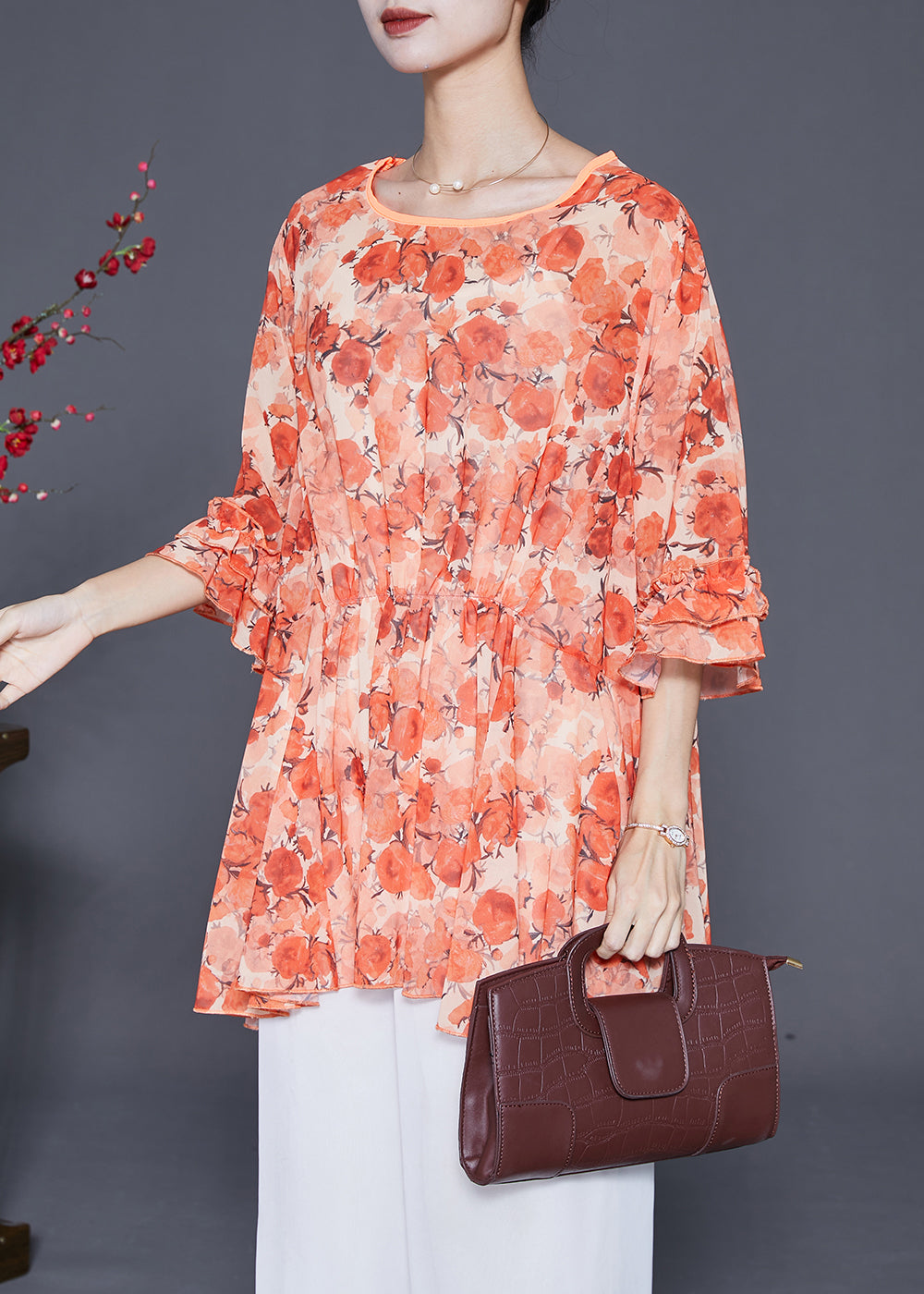 Orange Print Chiffon Blouse Tops Oversized Flare Sleeve