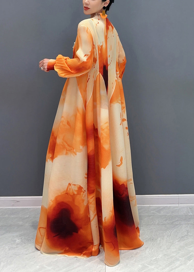 Orange Print Patchwork Chiffon Long Maxi Dress Puff Sleeve