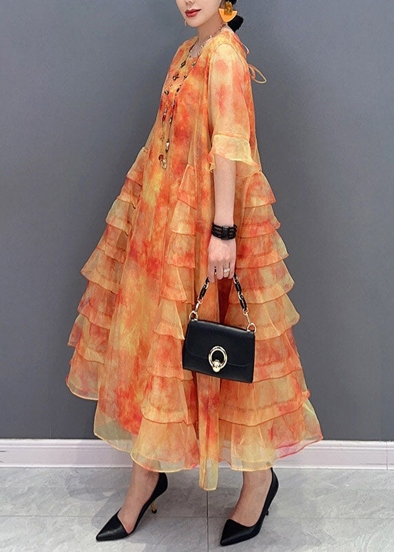 Orange Tie Dye Patchwork Chiffon Dresses O Neck Ruffled Summer