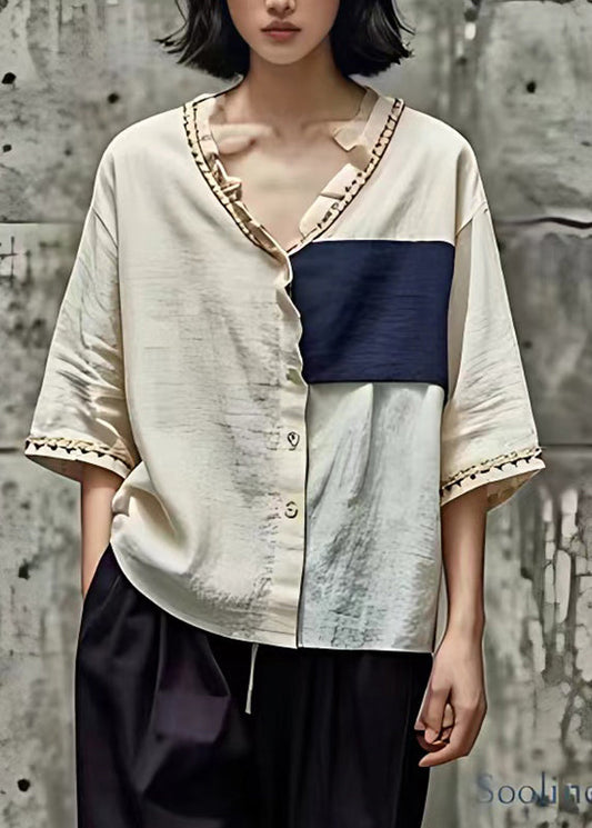 Organic Beige V Neck Ruffled Patchwork Shirts Summer