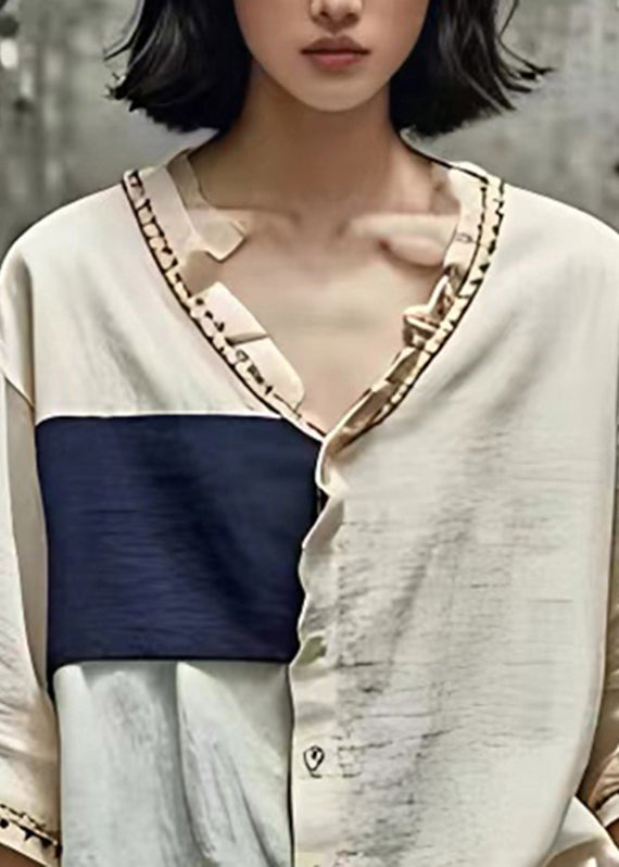 Organic Beige V Neck Ruffled Patchwork Shirts Summer