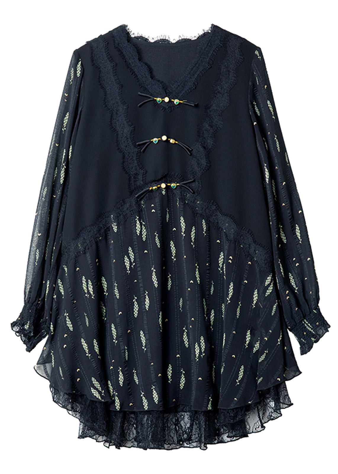 Organic Black Lace Print Button Fake Two Pieces Chiffon Mid Dress Fall