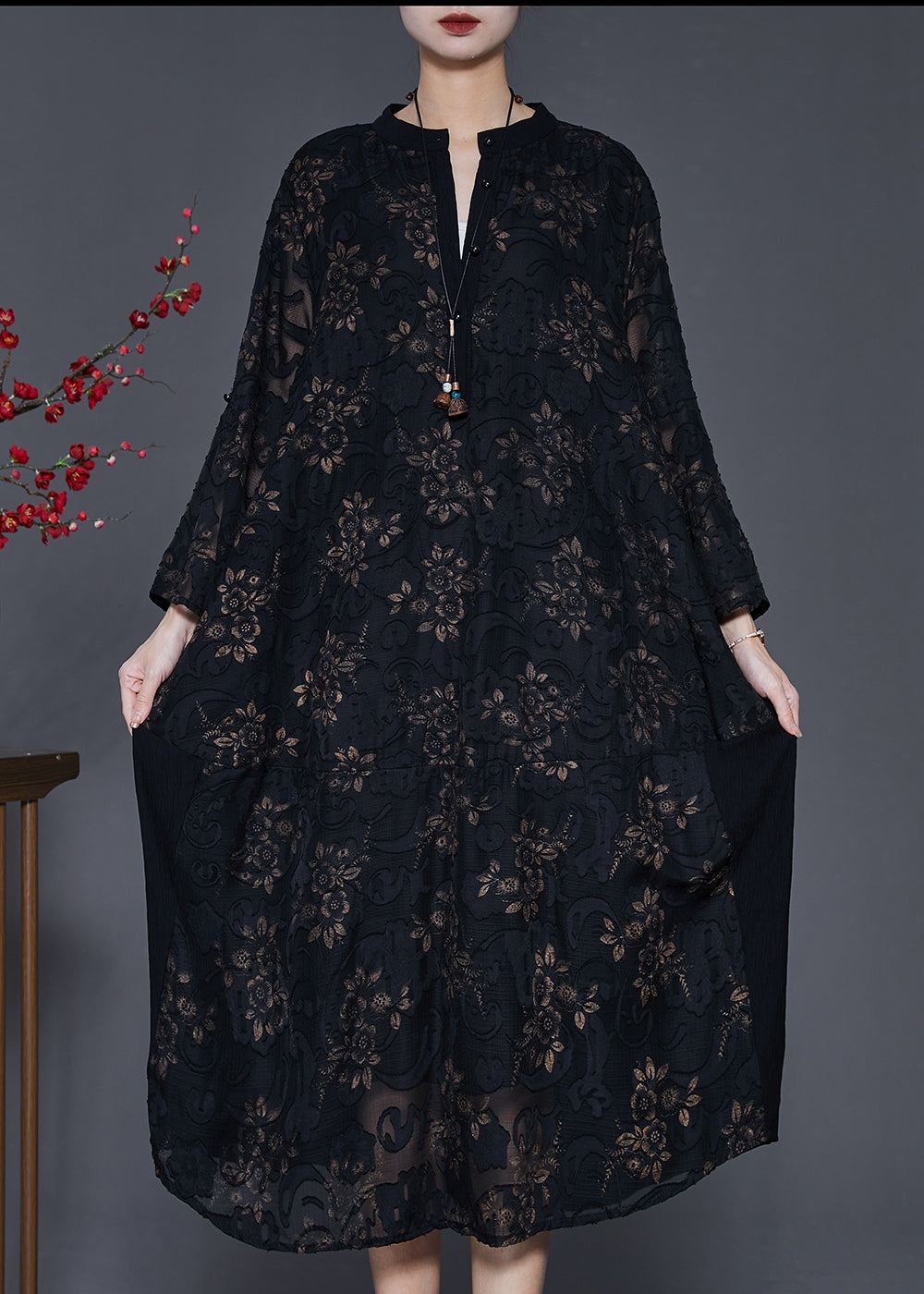 Organic Black Oversized Jacquard Cotton Maxi Dresses Spring