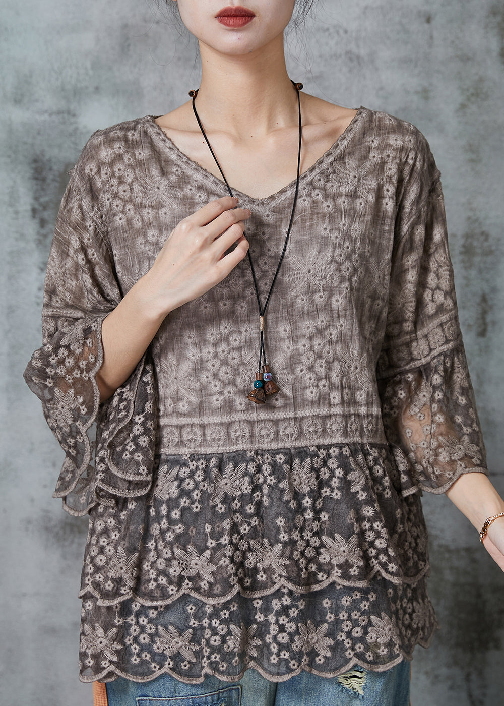 Organic Brown Embroidered Lace Blouses Flare Sleeve