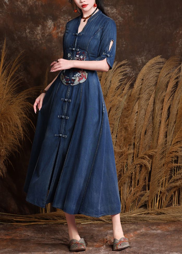 Organic Denim Blue V Neck Embroidered Patchwork Long Dresses Short Sleeve