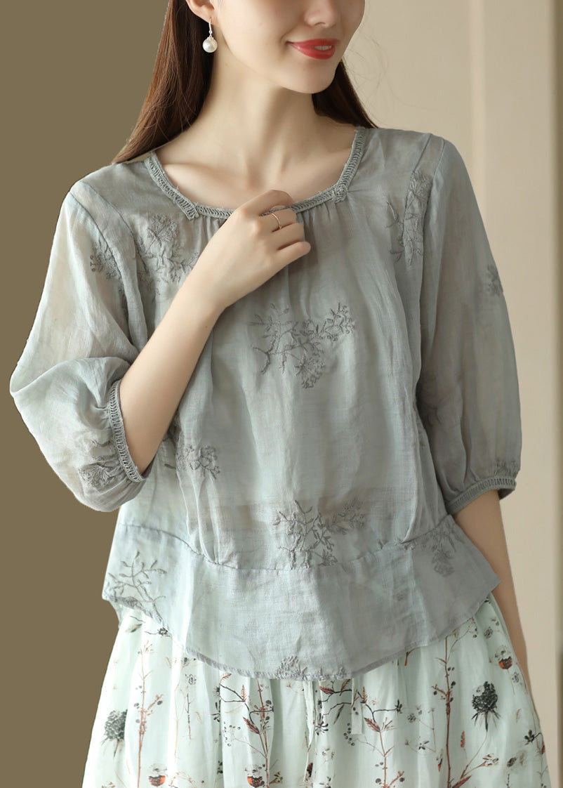 Organic Grey O Neck Embroidered Linen Shirts Summer