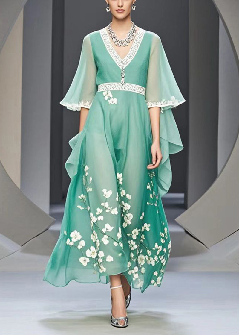 Organic Lake Green V Neck Print Chiffon Maxi Dresses Summer