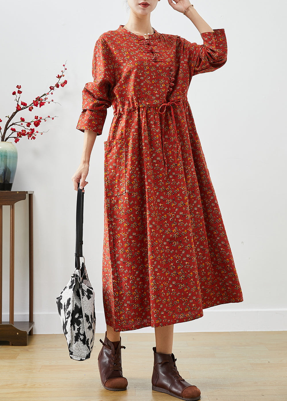 Organic Orange Cinched Print Cotton Vacation Dresses Fall