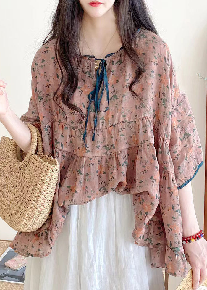 Organic Pink Ruffled Print Lace Up Cotton Shirts Half Sleeve