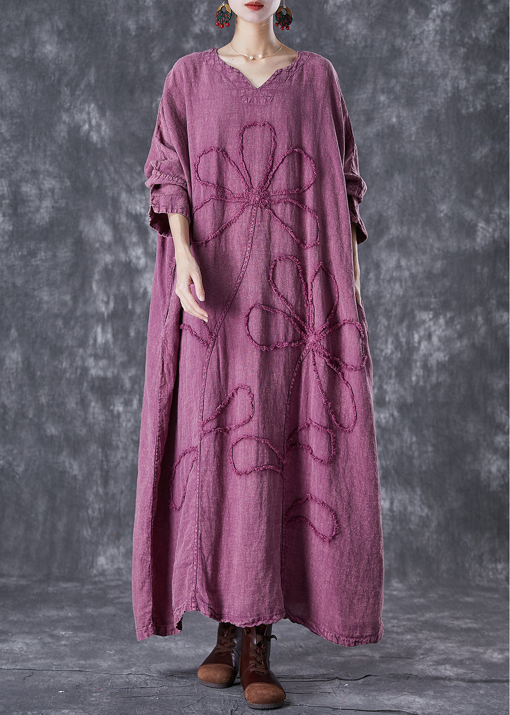 Organic Purple Embroidered Floral Linen Maxi Dresses Fall