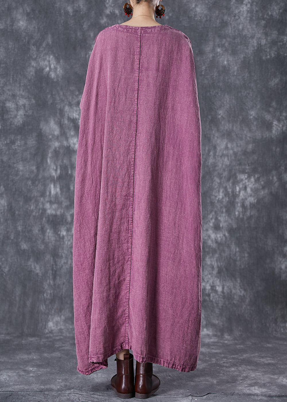 Organic Purple Embroidered Floral Linen Maxi Dresses Fall