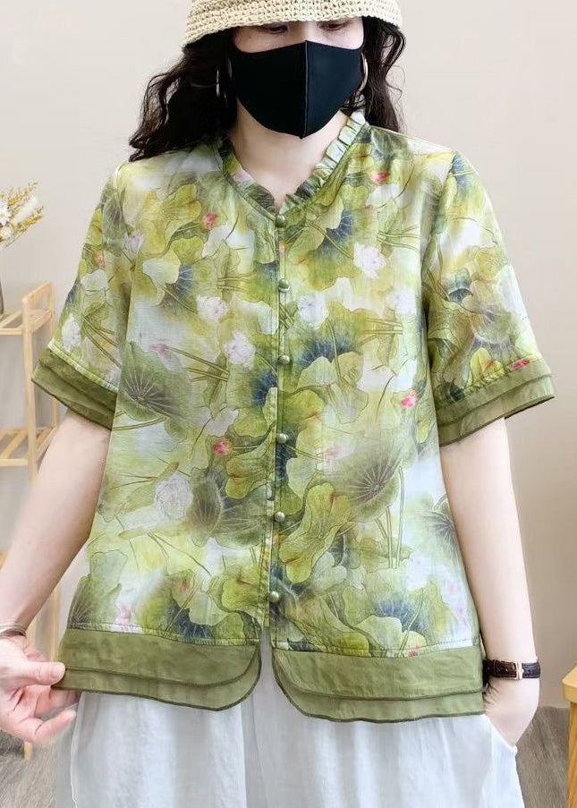 Organic Purple Print Patchwork Ruffled Linen Shirt Top Summer