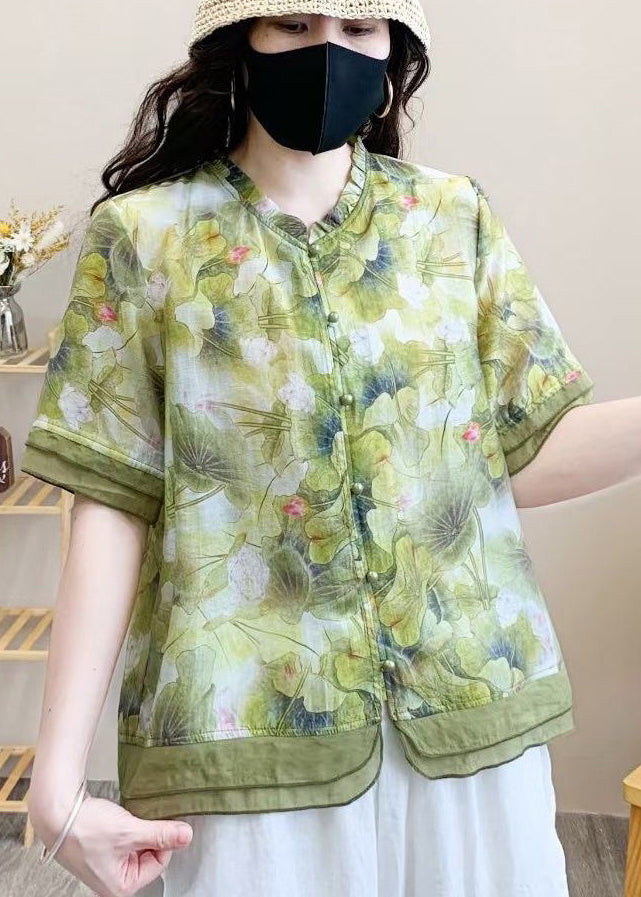 Organic Purple Print Patchwork Ruffled Linen Shirt Top Summer