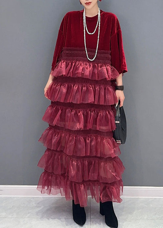 Organic Red O-Neck Tulle Patchwork Silk Velour Maxi Dress Bracelet Sleeve