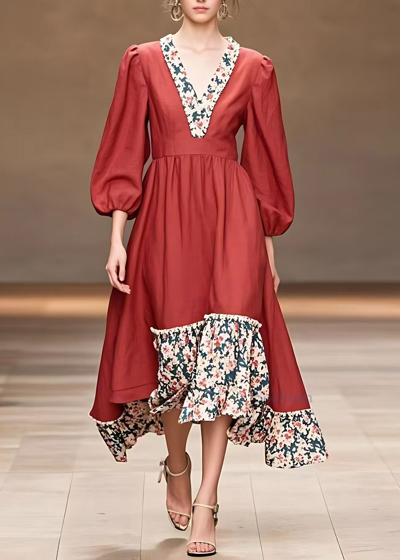 Organic Red Ruffled Print Long Dresses Fall