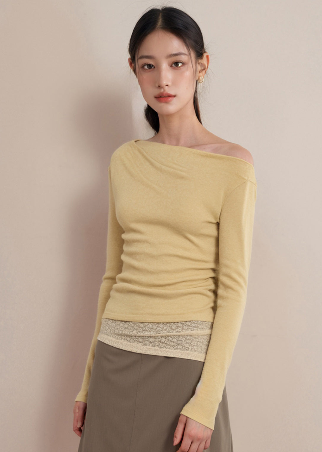 Organic Yellow Patchwork Fake Two Pieces Knit Tops Fall