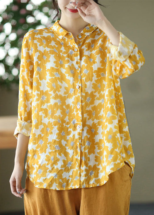 Organic Yellow Peter Pan Collar Print Cotton Shirts Long Sleeve