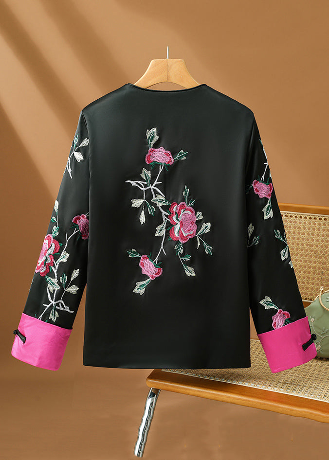 Original Design Black Embroidered Button Silk Coats Fall