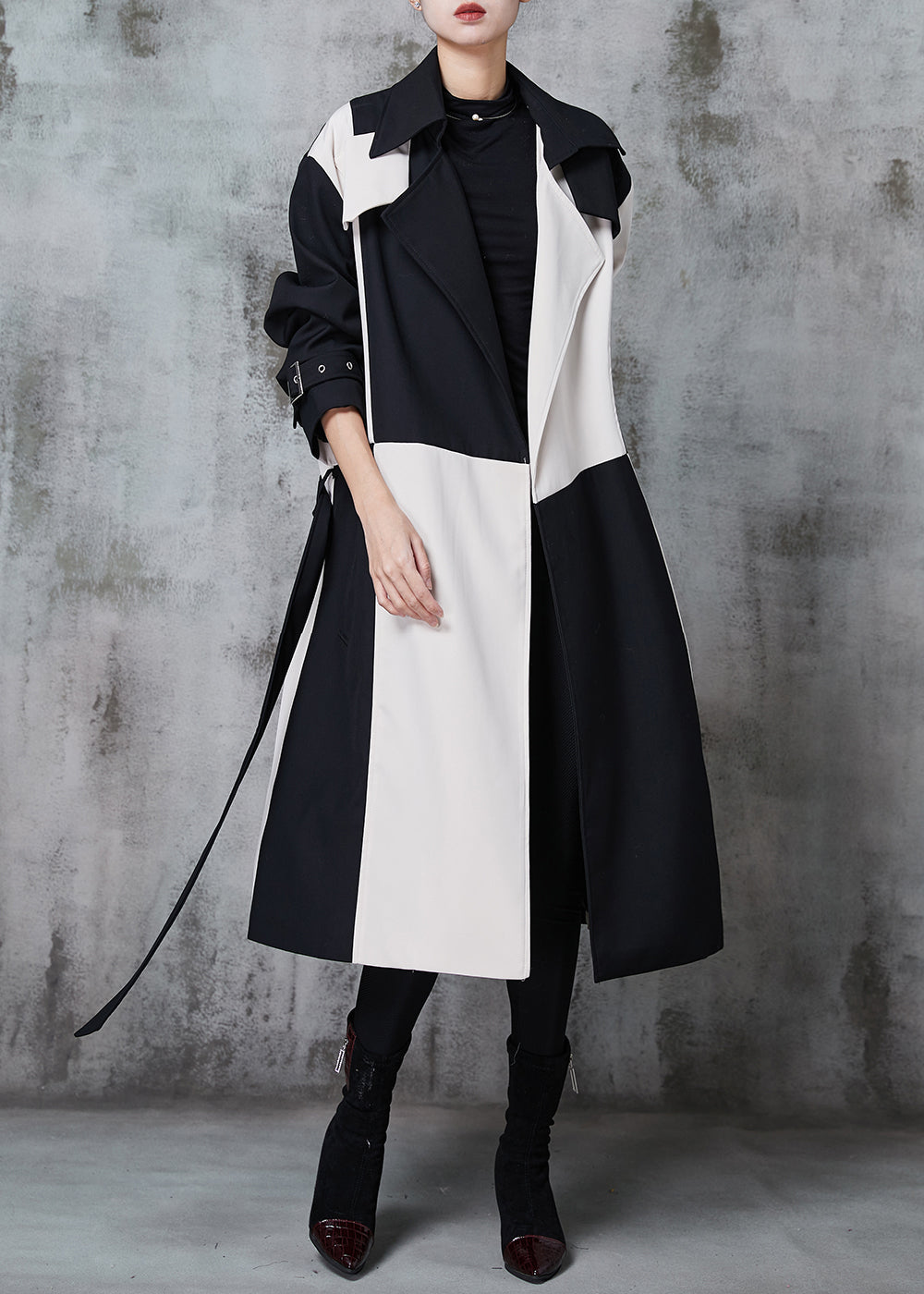 Original Design Colorblock Notched Patchwork Cotton Trench Spring