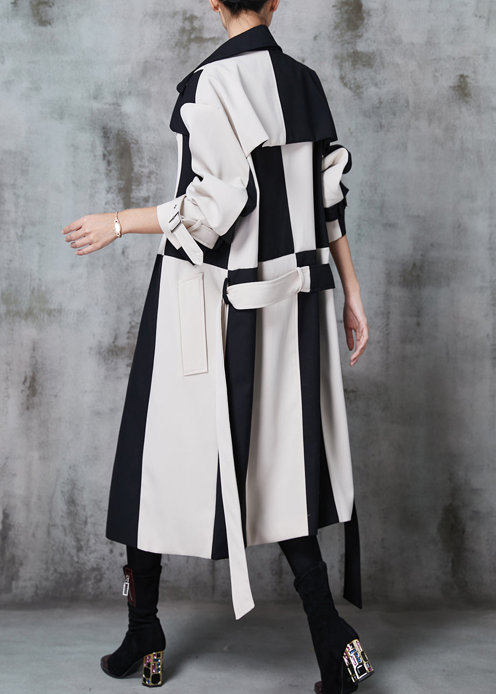 Original Design Colorblock Notched Patchwork Cotton Trench Spring