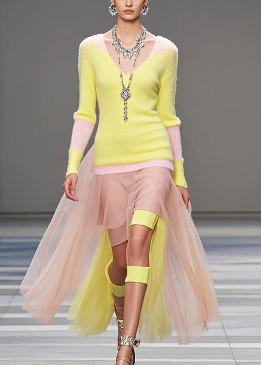 Original Design Yellow Asymmetrical Patchwork Tulle Knitted Dress Fall