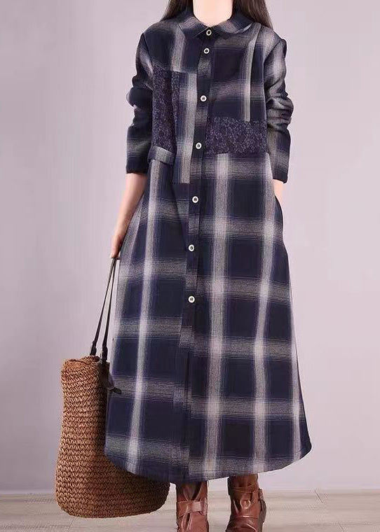 Original Navy Peter Pan Collar Plaid Warm Fleece Shirts Dress Fall