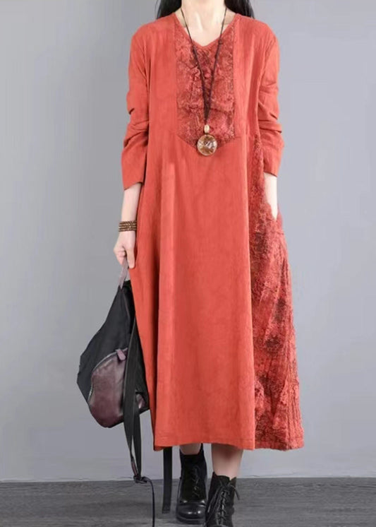 Original Orange V Neck Hollow Out Lace Patchwork Cotton Long Dresses Fall