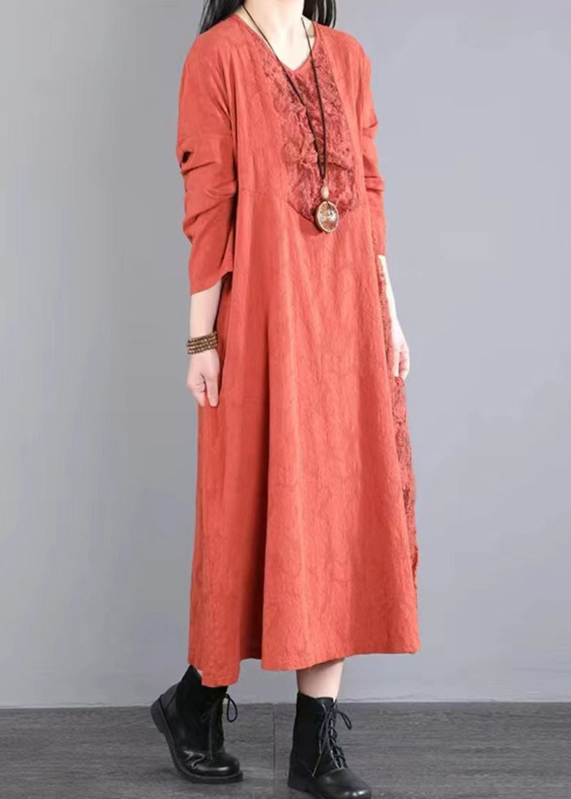 Original Orange V Neck Hollow Out Lace Patchwork Cotton Long Dresses Fall