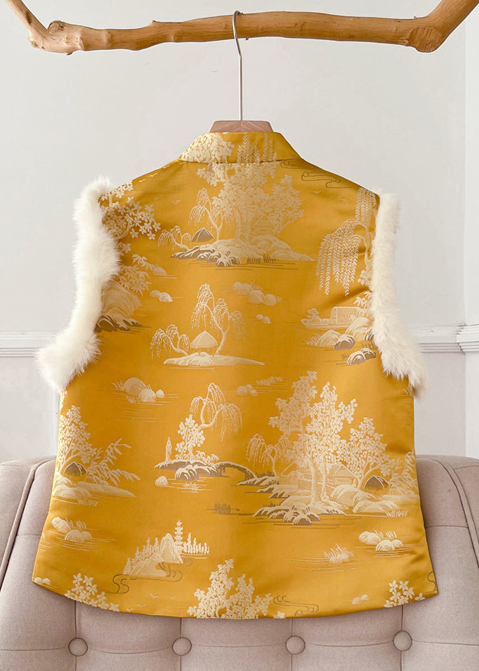 Original Yellow Button Fluffy Silk Sleeveless Waistcoat Stand Collar