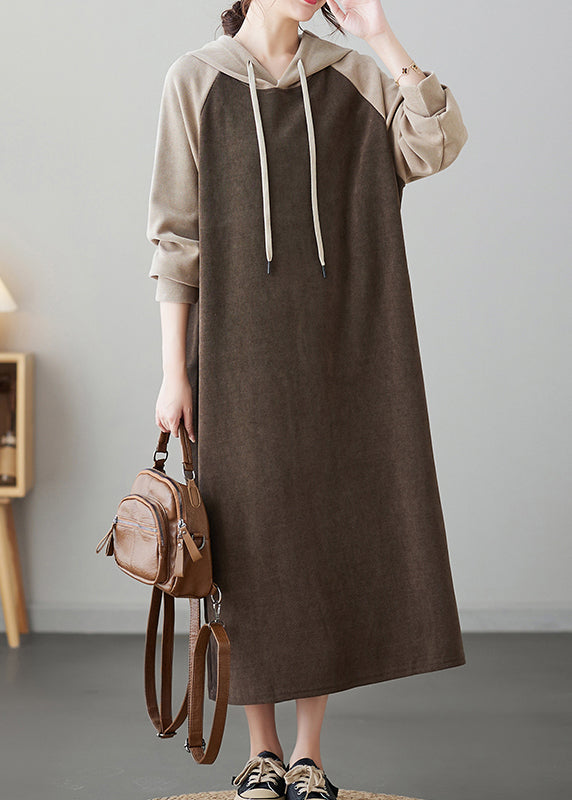 Oversized Trendy Coffee Patchwork Long Hooded Dresses Winter