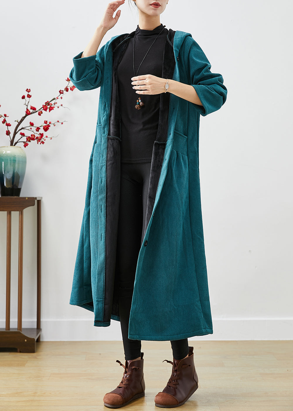 Peacock Green Oversized Warm Fleece Corduroy Trench Hooded Winter