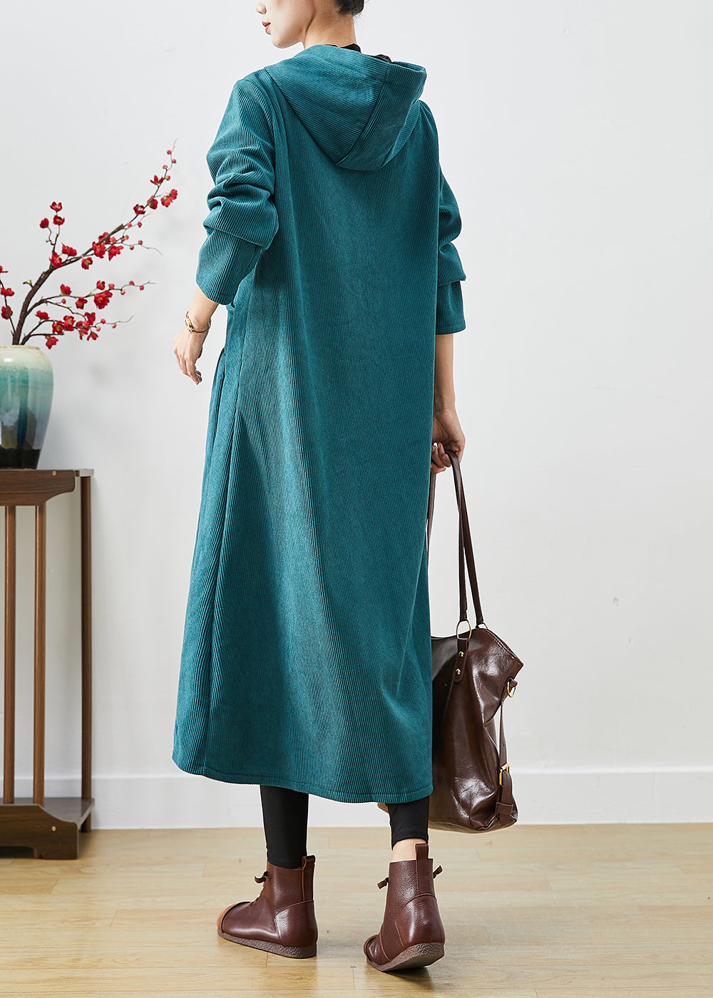 Peacock Green Oversized Warm Fleece Corduroy Trench Hooded Winter