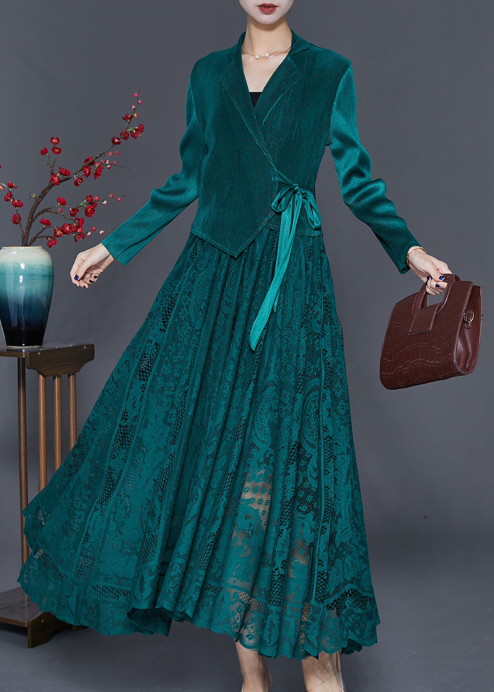 Peacock Green Patchwork Silk Velour Cinched Dress Exra Large Hem Fall